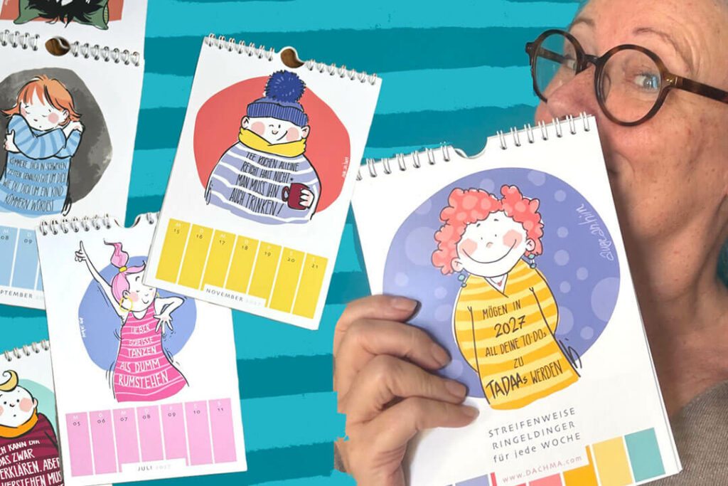 Ringelpulli-Kalender von Auge an Hirn mit bunten Comicfiguren in gestreiften Pullovern