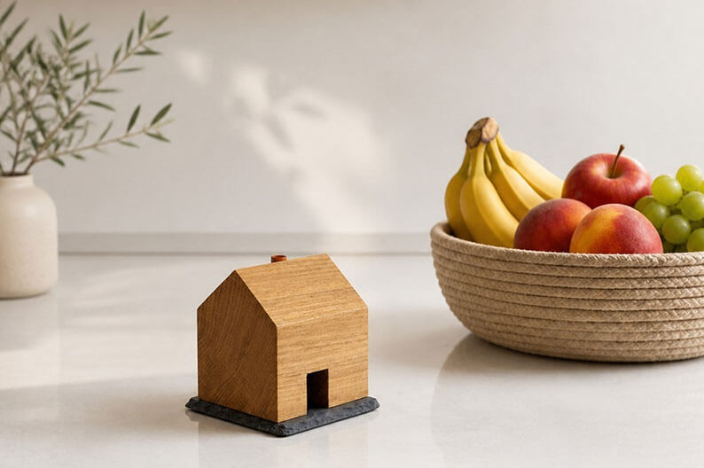Kleines hölzernes Summhäuschen steht auf einem Tisch neben einer Schale mit Obst.